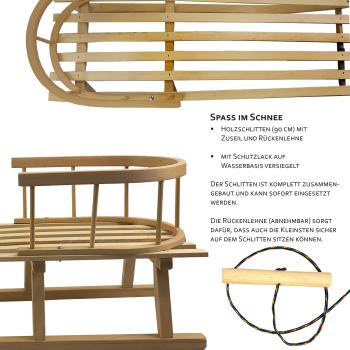 RAWSTYLE Kinderschlitten Holzschlitten Rodel Schlitten 90cm Zugseil Rückenlehne