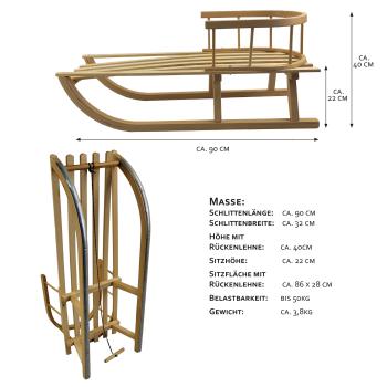 RAWSTYLE Kinderschlitten Holzschlitten Rodel Schlitten 90cm Zugseil Rückenlehne